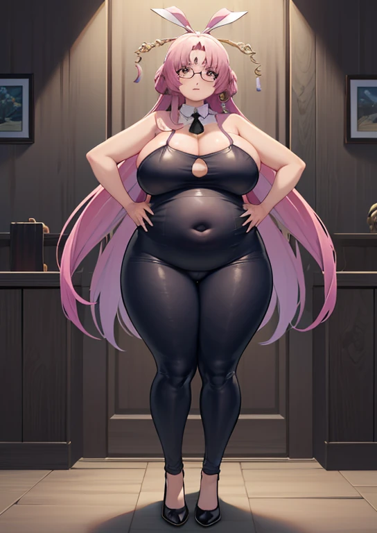 (masterpiece, best quality, highly detailed), 1girls, big belly, huge belly, art by kipteitei, round belly, chubby, curvy, belly grab, enormous belly, fat belly, thicc, bigger belly, really big belly, jiggly belly, glasses, bunnysuit, tight breasts, ((full...