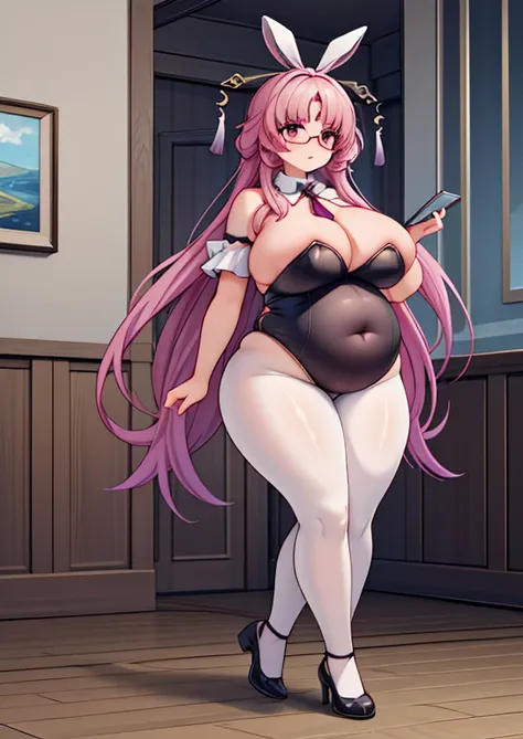 (masterpiece, best quality, highly detailed), 1girls, big belly, huge belly, art by kipteitei, round belly, chubby, curvy, belly grab, enormous belly, fat belly, thicc, bigger belly, really big belly, jiggly belly, glasses, bunnysuit, tight breasts, ((full...