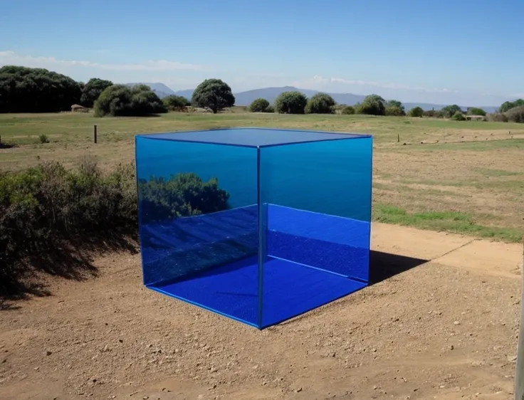 A large, transparent cube, half of which is in water and the other half is floating