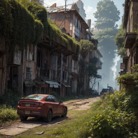 rusty broken gundam leaning down a crushed building in a abandoned city overgrown with plants with a thin mist covering the grou...