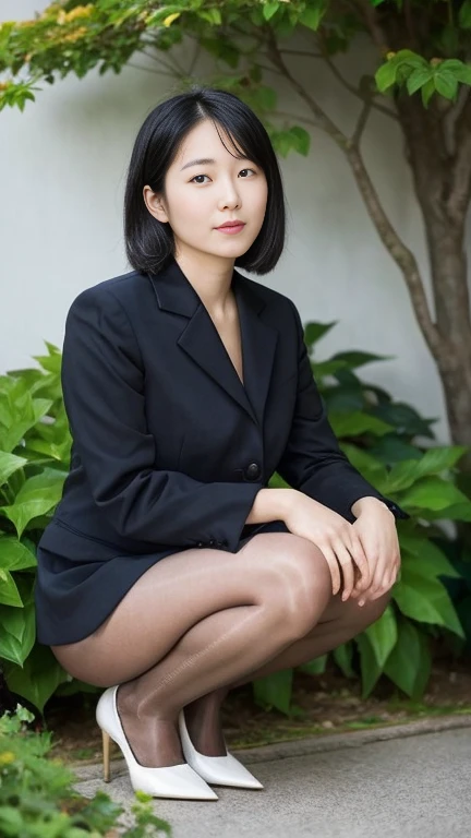 Japanese,Cute woman, (alone), 20-year-old, (double),whole body,Medium black hair, Glamour, Pure white skin, Photographed from the front,Observe the audience、(Office Lady)、(suit),(Black Pantyhose),Black high heels、garden、Squat,