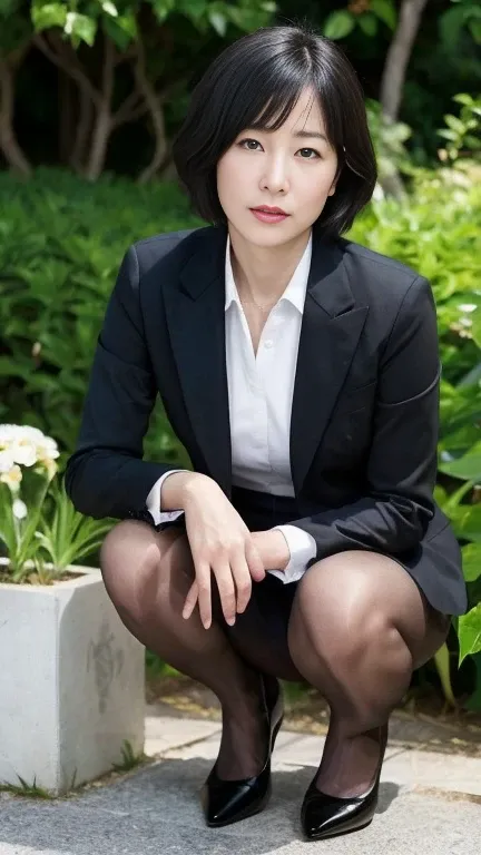 Japanese,Mature Woman, (alone), 40 years old, (double),whole body,Black short hair, Glamour, Pure white skin, Photographed from the front,Observe the audience、(Office Lady)、(Black suit),(Black Pantyhose),Black high heels、garden、Squat,