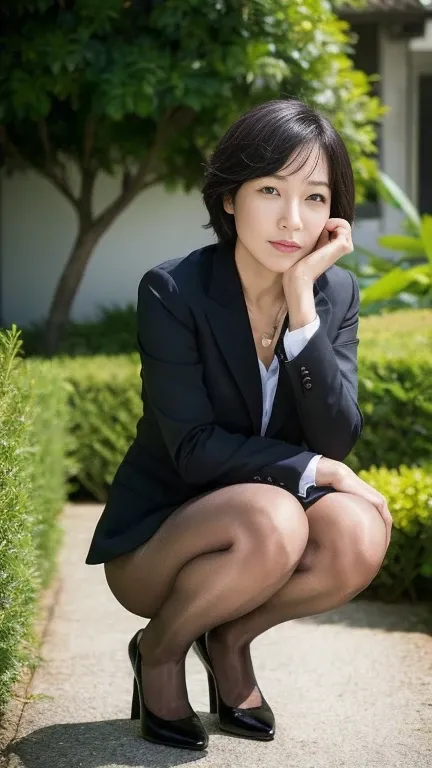 Japanese,Mature Woman, (alone), 40 years old, (double),whole body,Black short hair, Glamour, Pure white skin, Photographed from the front,Observe the audience、(Office Lady)、(Black suit),(Black Pantyhose),Black high heels、garden、Squat,