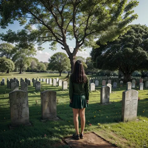 Green flower land one big tree one grave one dog and one girl standing on grave side 