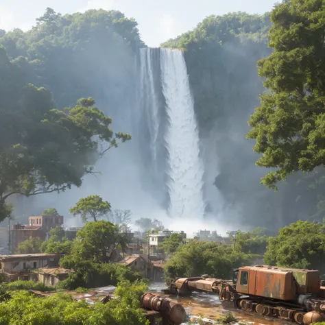 water streaming down a rusty giant robot sitting on dilapidated buildings overgrown with plants and trees, thin white mist on the ground, rubbles everywhere, best quality, ultra realistic, accurate details