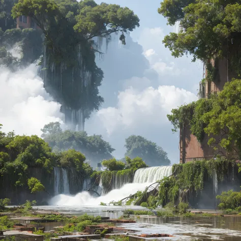 water streaming down a rusty giant robot sitting on dilapidated buildings overgrown with plants and trees, thin white mist on the ground, rubbles everywhere, best quality, ultra realistic, accurate details