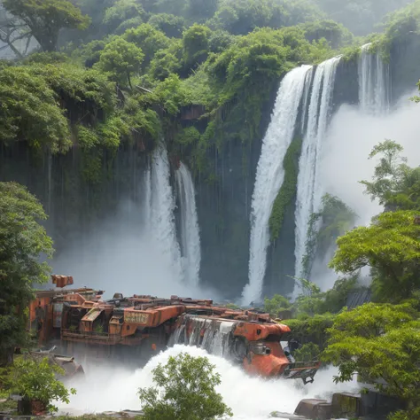 water streaming down a rusty giant robot sitting on dilapidated buildings overgrown with plants and trees, thin white mist on the ground, rubbles everywhere, best quality, ultra realistic, accurate details