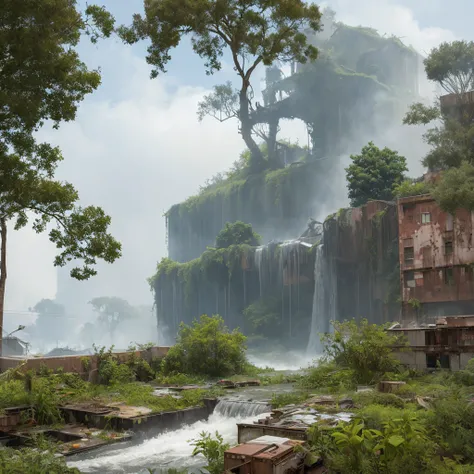 water streaming down a rusty giant robot sitting on dilapidated buildings overgrown with plants and trees, thin white mist on the ground, rubbles everywhere, best quality, ultra realistic, accurate details