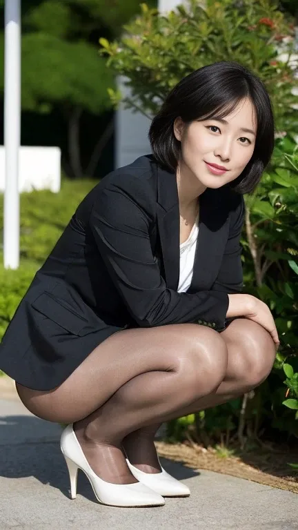 Japanese,Mature Woman, (alone), 30 years old, (double),whole body,short hair, Glamour, Pure white skin, Photographed from the front,Observe the audience、(Office Lady)、(Black suit)、(Black Pantyhose),Black high heels、garden、Squat,