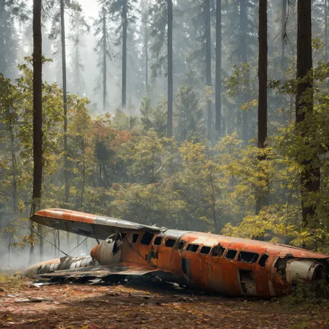 torn rusty commercial plane crashed to the forest with trees shading, debris everywhere sunlight passing through a thin layer of mist, best quality, ultra realistic, perfect, accurate details