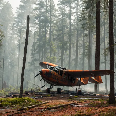 torn rusty commercial plane crashed to the forest with trees shading, debris everywhere sunlight passing through a thin layer of mist, best quality, ultra realistic, perfect, accurate details