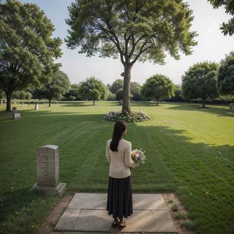 one big tree , so much flowers, only one grave , one dog ,one mature girl standing holding flower, back side view 