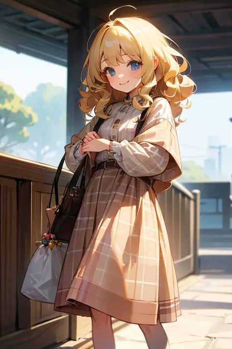 Caucasian girl with blonde curly hair, Cute clothes、Checked clothes、Young Girl、smile、