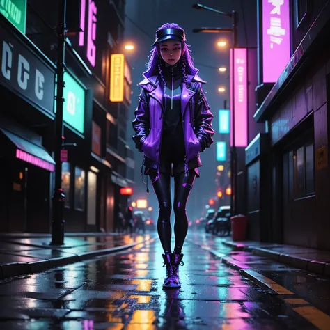 oil painting,young woman, cyberpunk,walking along the sidewalk, hands in pockets, in an urban dystopian setting, neon lights reflecting off a wet sidewalk, dressed in edgy futuristic clothing, augmented reality visor, cybernetic enhancements, metallic deta...