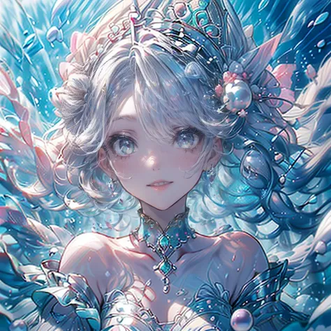 (highest quality, masterpiece, Super detailed, very detailed, exquisite, 16k,Full HD),body whole,dramatic lighting,pastel colour,soft lighting,laughter,bubble,underwater,(Ocean),( floating underwater,Pastel colour coral reef),((alone:1.5)),((swim,looks hap...