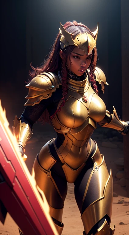 Ultra realistic , high resolution , ultra 8K , black woman , 30 years old , sweaty skin , athletic body with golden robotic armor and red color , steel King clothes , a cybernetic King knight , Ultra resolution , Desert castle throne , pose of fight , figh...