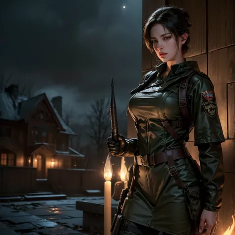 (Hyper-realistic illustration of Ashley Graham clad in military clothing, set against the backdrop of Resident Evil 4s villa, enveloped in the serene yet ominous glow of lit torches in the stillness of the night)

This meticulously crafted image showcases ...