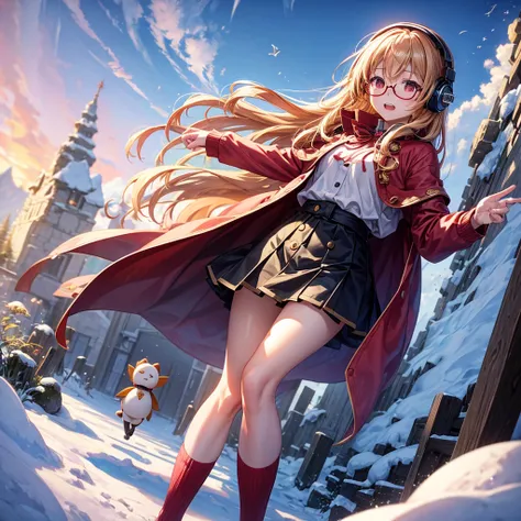 Pink gold golden hair、Red eyes、One good looking girl、solo、anime、Checkered mini skirt、The skirt has buttons、Red T-shirt、Long sleeve、China、Cape、Black knee-high socks、Wearing headphones、Wearing a ribbon、Ribbon on waist、Tilting face、Teeth are visible、tunnel、Su...