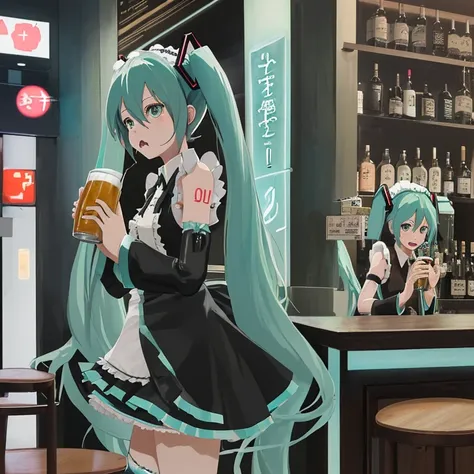 Hatsune Miku preaching while drinking beer at a standing bar　Maid clothes　angry