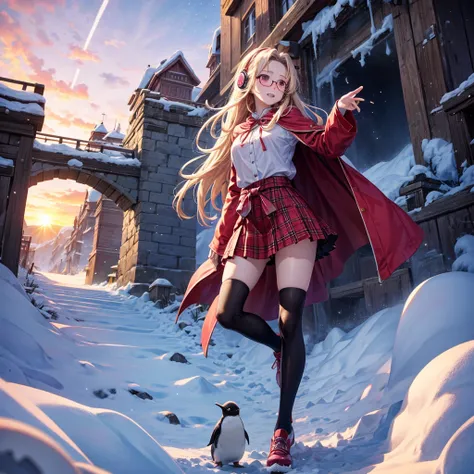 Pink gold golden hair、Red eyes、One good looking girl、solo、anime、Checkered mini skirt、The skirt has buttons、Red T-shirt、Long sleeve、China、Cape、Black knee-high socks、Wearing headphones、Wearing a ribbon、Ribbon on waist、Tilting face、Teeth are visible、tunnel、Su...