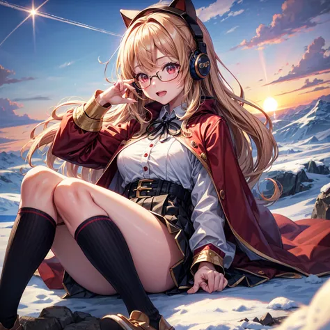 Pink gold golden hair、Red eyes、One good looking girl、solo、anime、Checkered mini skirt、The skirt has buttons、Red T-shirt、Long sleeve、China、Cape、Black knee-high socks、Wearing headphones、Wearing a ribbon、Ribbon on waist、Tilting face、Teeth are visible、Sunset sk...