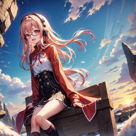 Pink gold golden hair、Red eyes、One good looking girl、solo、anime、Checkered mini skirt、The skirt has buttons、Red T-shirt、Long sleeve、China、Cape、Black knee-high socks、Wearing headphones、Wearing a ribbon、Ribbon on waist、Tilting face、Teeth are visible、Sunset sk...