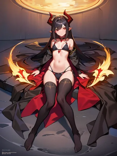 masterpiece, highest quality,Bikini Armor,tall, Large-breasted women,Devil horns,wing,tail,,no background,  flat chest,Full body illustration, Long black hair, Full body portrait, anime ,on side,on back, lying,spread legs