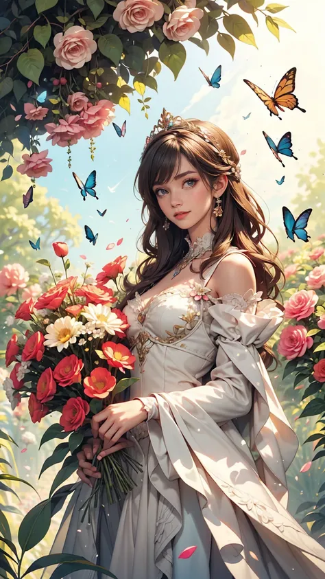 Beautiful mature woman in a fairy costume, Surrounded by flowers and butterflies. content: Watercolor. style: Whimsical and delicate, Like an illustration in a children&#39;s book