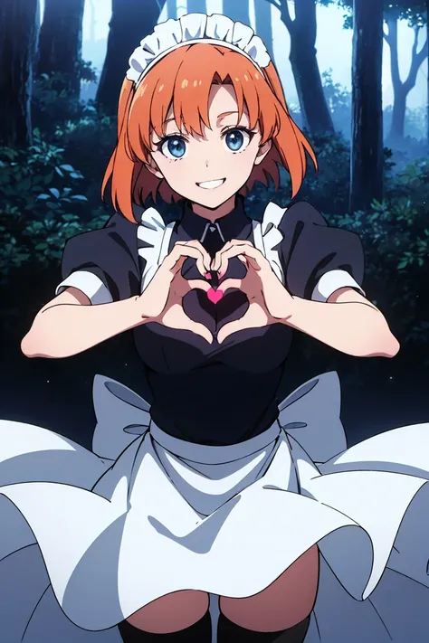 (masterpiece, best quality, anime,Cel shading,incredibly absurdres),RENA RYUUGUU, ORANGE HAIR, SHORT HAIR, BLUE EYES, black thighhighs, Maid clothes, maid headband,  short sleeves, thighhighs, black and white dress, zettai ryouiki,forest,,,big smile,,cowbo...