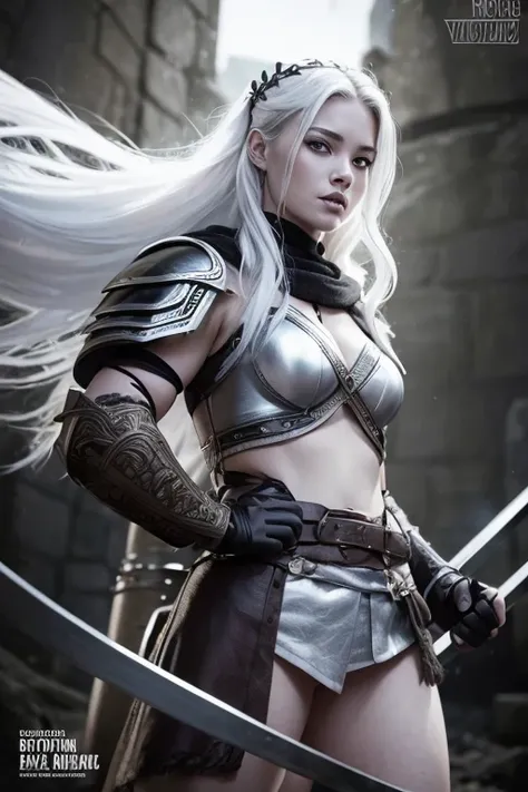 female viking warrior queen, slim fine face, white hair, epic lighting, black and white, comic book style, vector, no background, 