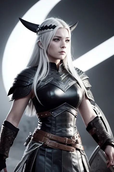 female viking warrior queen, slim fine face, white hair, epic lighting, black and white, comic book style, vector, lineart, no background, 