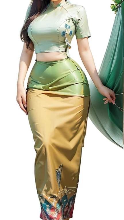 Burmese girl with attractive curvy full body.  Friends full-length bikini, (green dress) reflective long dress painted with flower patterns, only dress.  hi gh hips  High resolution  High resolution  natural background  High resolution  HD  3D,  8K cartoon...