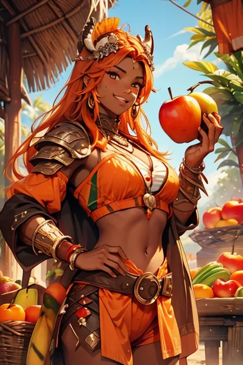 
masterpiece, best quality, ultra-detailed

1girl, Dark-skinned Amazonian female warrior, red eyes, black eyeliner, orange hair, fang, tusk, bone armor, plunderer, skull headgear, beast  

dinosaur hunting
Feasts, the fruits of hunting,


(((fruits))),
(ap...