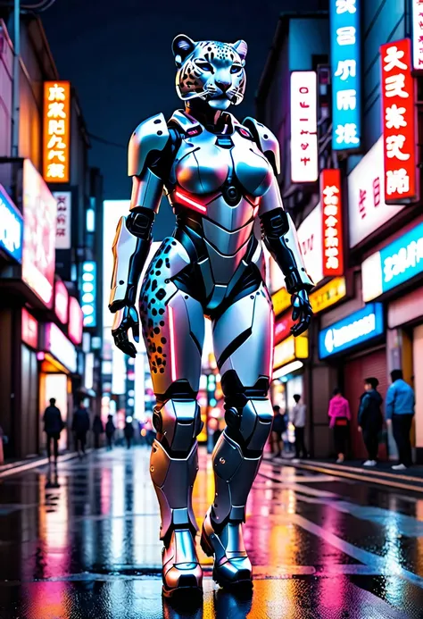 Anthropomorphic sexy snow leopard, medium breasts, white android body, ((full robotic body)) cybernetic enhancements, combat armour, neon glow, urban setting, back streets of Tokyo, night time,. neon signs reflecting on wet streets, full body view, view fr...