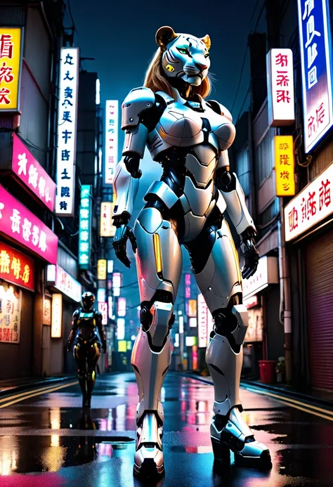 Anthropomorphic sexy lioness, medium breasts, white android body, ((full robotic body)) cybernetic enhancements, combat armour, neon glow, urban setting, back streets of Tokyo, night time,. neon signs reflecting on wet streets, full body view, view from be...