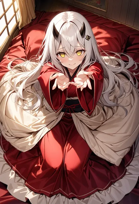 Flowing white hair, melancholy eyes, warm smile, yellow eyes, black diamond-shaped horn-like hairpin, gorgeous silk cherry-red kimono, A large golden silk bed with a down comforter so soft that it sinks in when you stand on it,standing on a bed,arms up, in...