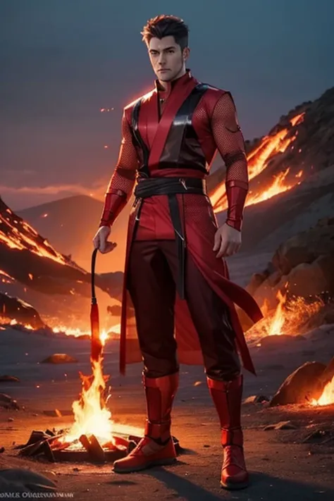 full body photorealistic handsome Hunky fire wizard, wearing red transparent mesh clothing,, blaze and fire circle everywhere. Volcanoes as the background 