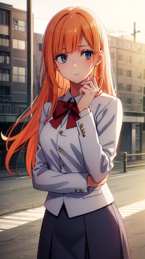  gray skirt, white long sleeve blouse, red bow, orange hair, green blazer, green eyes, high quality, anime, school graffiti in the background.
break (masterpiece:1.2), highest quality, High resolution, unity 8k wallpaper, (shape:0.8), (fine and beautiful e...