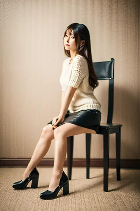 a beautiful japanese woman, Sitting in a chair, 8k, super detail, best quality, (photorealistic:1.4), Leather skirt, (full body:1.5), (long hair), 1 woman, solo, simply background,first-person view