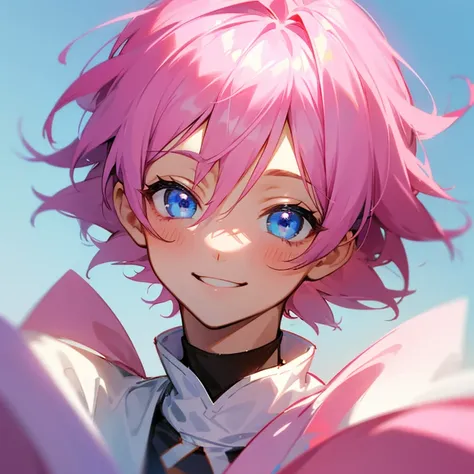 pink hair,cute boy,blue eyes,cute face,cute happy smile,boy