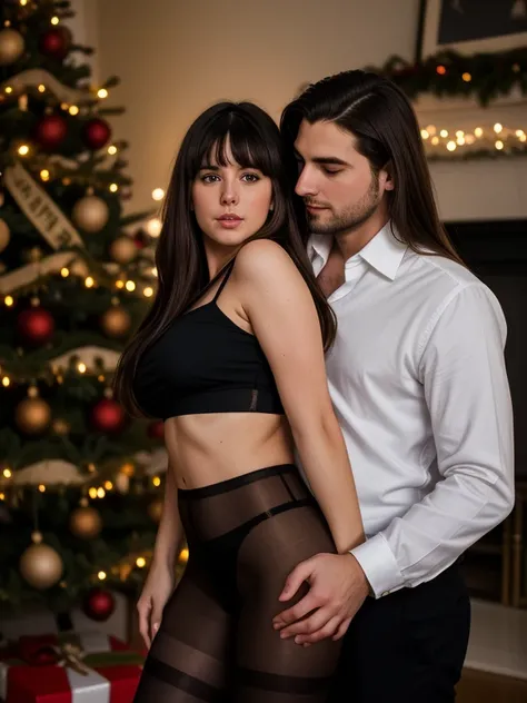 man and girl, she is brunette, 23 years old, long hair. He is brutal (brunette:1.1)(man has short hair:1.3), 34 years old, hug, Christmas tree in background, (4k, Raw photo, highest quality, Depth of the bounds written, ultra high resolution:1.1)A man is e...