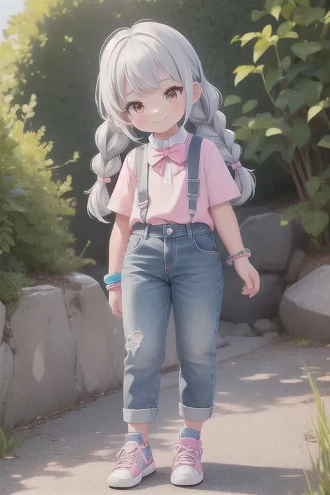 girl,10 years old,grayish white hair,long hair,braid two sides,blue bow tie,Wear an orange bracelet,Wear a rainbow bracelet,wearing a pink shirt,Wear jeans.,Wearing white sneakers.,white skin,White cheeks,Wide yard,There is a player.,smile,cute,Clear pictu...