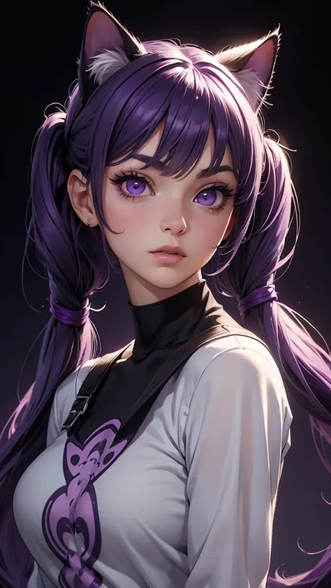 (high resolution, upper body, soft skin:1.2),(best illustration,masterpiece:1.2),ultra-detailed,[(purple eyes, purple makeup cat ears , purple inside:1.2, twin tail),vivid colors,sharp focus,portrait,studio lighting,bokeh, wearing a white turtleneck shirt,...