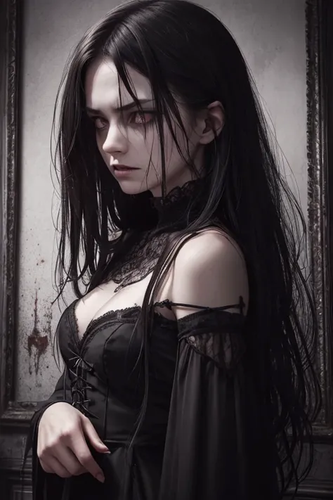 (best quality,ultra-detailed,realistic:1.37),portrait,angry girl,dark atmosphere,horror element,red and black color palette,sharp focus,haunting expression,creepy background,illuminated by dim light,detailed eyes and face,long hair,angry expression,long ha...