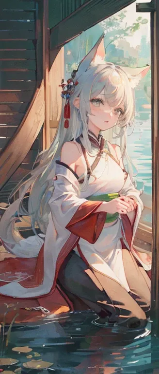 ((4K、masterpiece、highest quality))、Ink and watercolor、Traditional Chinese Ink Painting、lotus、Hanfu、Maxi Kit、Dress modestly
1 girl, solo, Gray Hair, length, Fox Ears, Foreigners, bikini, Angel T, A lot of fish nearby, （（Bring a Cat 1.５））