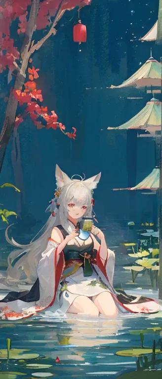 ((4K、masterpiece、highest quality))、Ink and watercolor、Traditional Chinese Ink Painting、lotus、Hanfu、Maxi Kit、Dress modestly
1 girl, solo, Gray Hair, length, Fox Ears, Foreigners, bikini, Angel T, A lot of fish nearby, （（Bring a Cat 1.５））