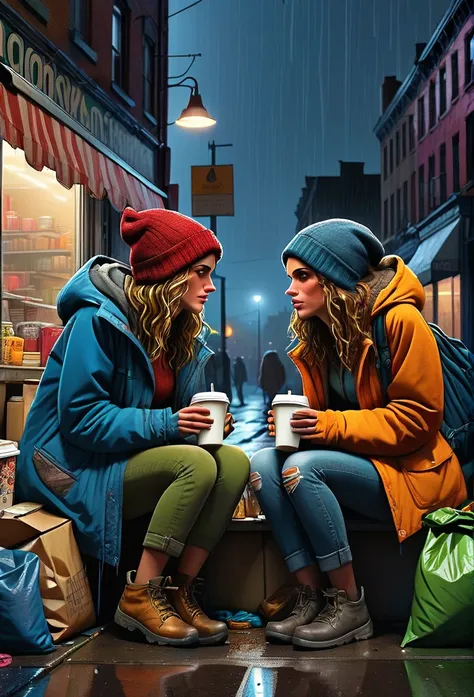 A cinematic illustration, masterfully rendered with Don Lawrences color pencils and Octane render, captures the essence of two beautiful, homeless women in their own city. They sit in front of their makeshift camp on a rainy night, sipping takeaway coffee ...