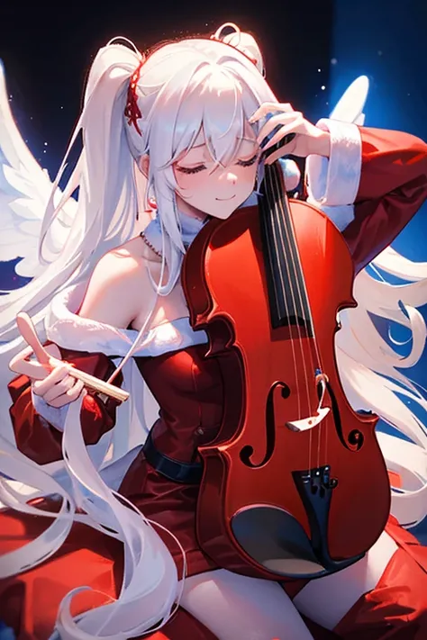  with long white hair, Wearing a Christmas style red costume, Happy, Playing the violin, close your eyes, slim, Harmless, Six big black angel wings, Sitting pose, Bad guy,Shining clothing quality, Severe,Neon pink and blue lights, Neon Style