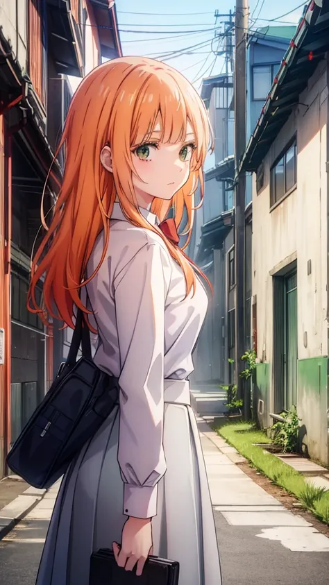  gray skirt, white long sleeve blouse, red bow, orange hair, green blazer, green eyes, high quality, anime, school graffiti in the background.
