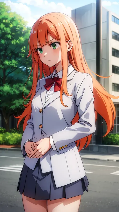  gray skirt, white long sleeve blouse, red bow, orange hair, green blazer, green eyes, high quality, anime, school graffiti in the background.
